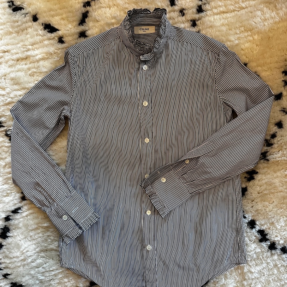 Celine button down top with ruffle detail